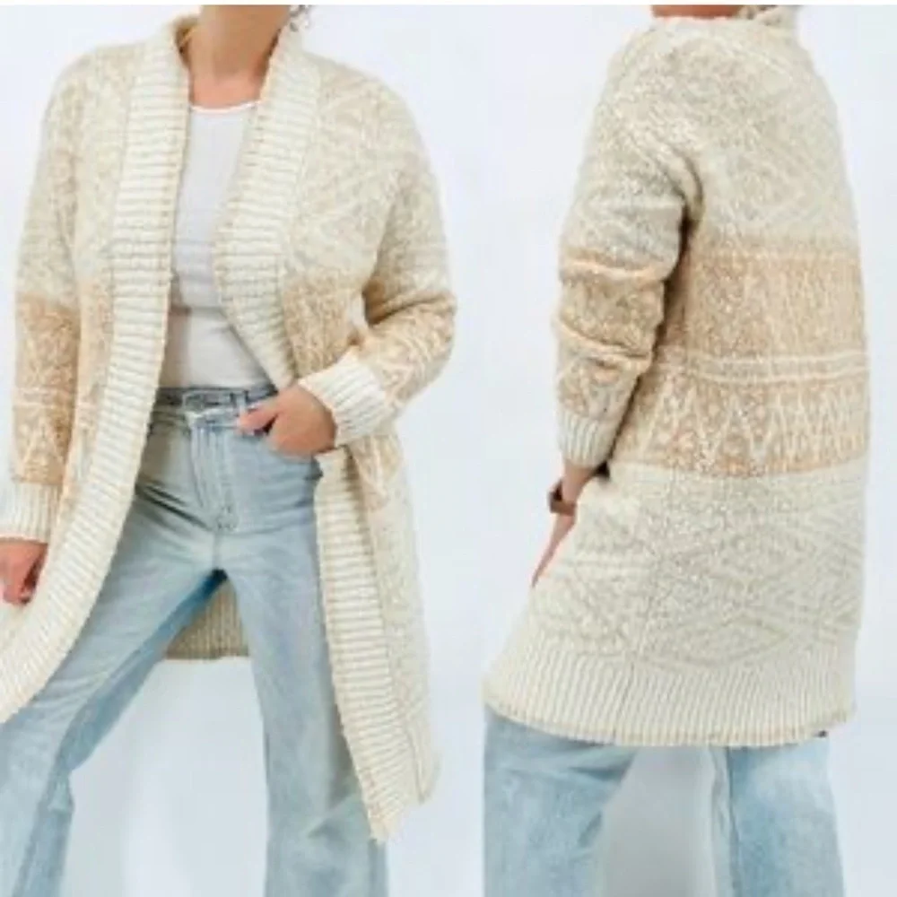 Joie Cardigan Open Front Longline Nordic Knit Beige Size Large
